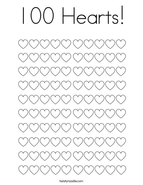 The blank 100 Hearts worksheet Lucas used, with the original twistynoodle.com credit visible.